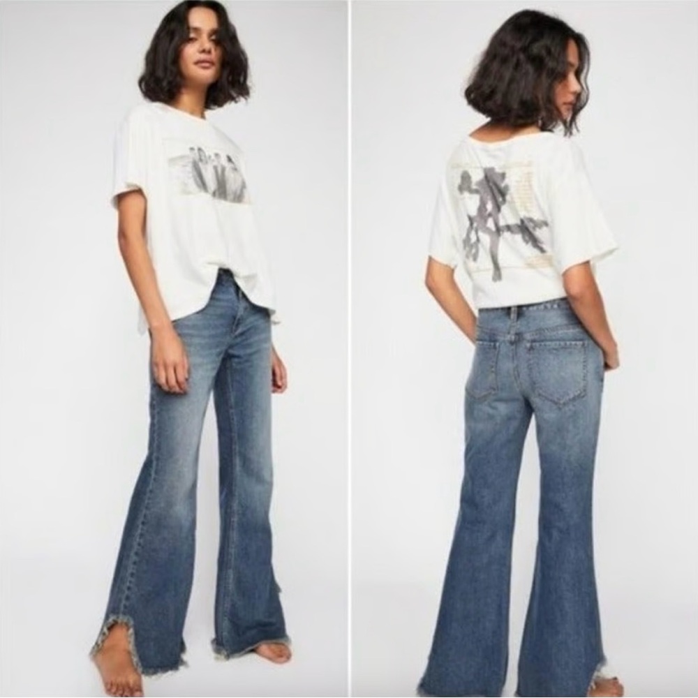 Free People We The Free Distressed Flare Jeans Raw Hem Vintage Boho Denim, 31